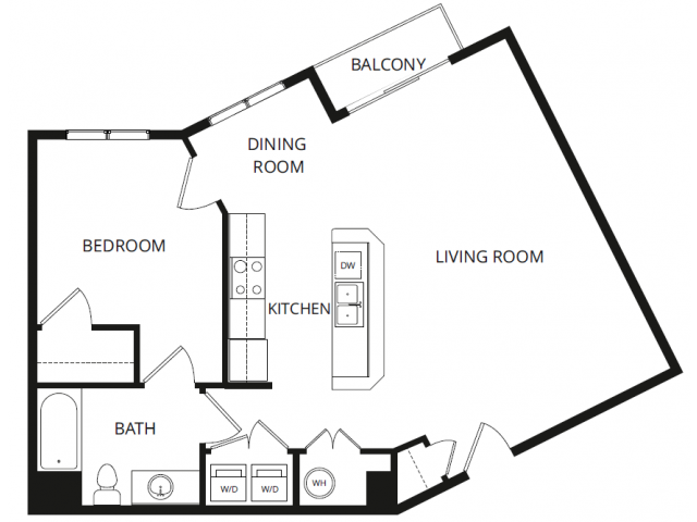Floor plan for 1 bed, 1 bath, 770 sqft